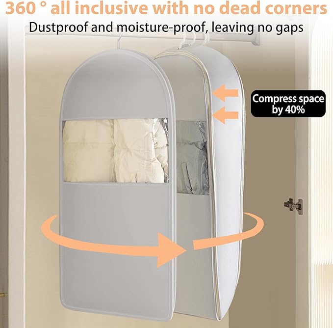 Space Saving Hanging Garment Bag with Self Compression Zipper, Otherwisie Garment Bags, Space Saver Dust Cover Clothes Bags for Down Coat Protects Clothes from Wrinkles (Beige)