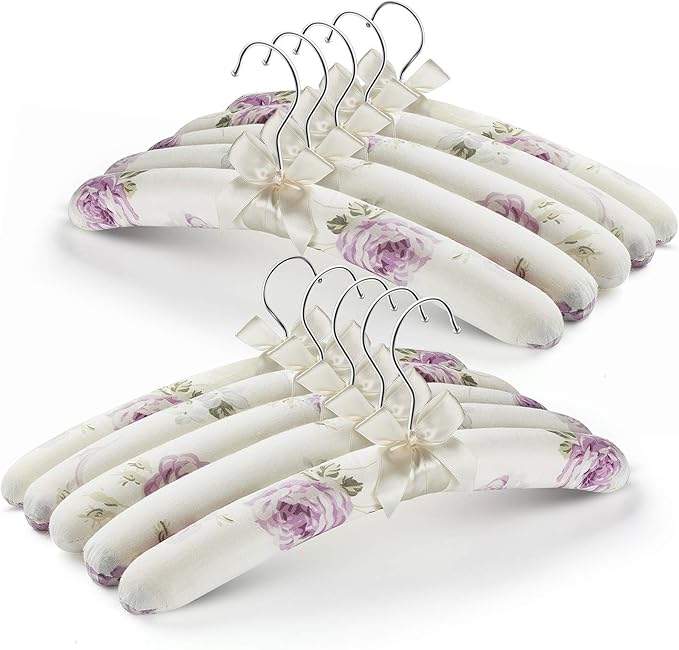 GLCON Anti Slip Satin Padded Clothes Hangers for Women Foam Sweater Hangers - Fancy Thick Padded Coat Hanger No Bump Floral Canvas Cover for Adult, Bridesmaid, Wedding Gown Closet (Pack of 10)