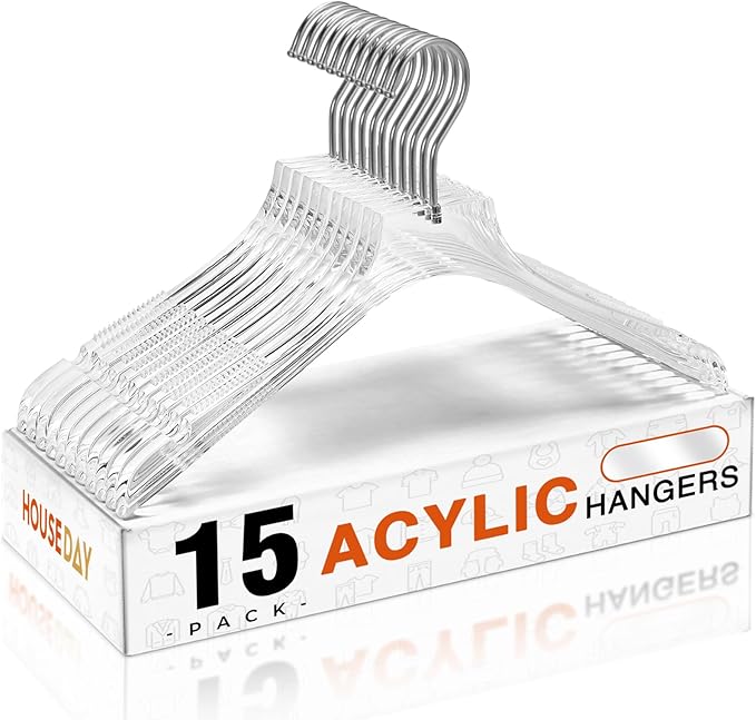 HOUSE DAY Acrylic Hangers 15 Pack, Luxury Clear Hangers for Clothes, Crystal Hanger with Non Slip Shoulder Grips, Notches, 360° Swivel Hook, for Dresses, Tops