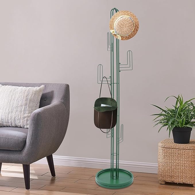 Cactus Coat Rack, Freestanding Coat Rack With 6 Hooks, Modern Metal Coat Racks with Round Base, Gold Cactus Shape Clothing Stand for Bedroom, Office (Green)
