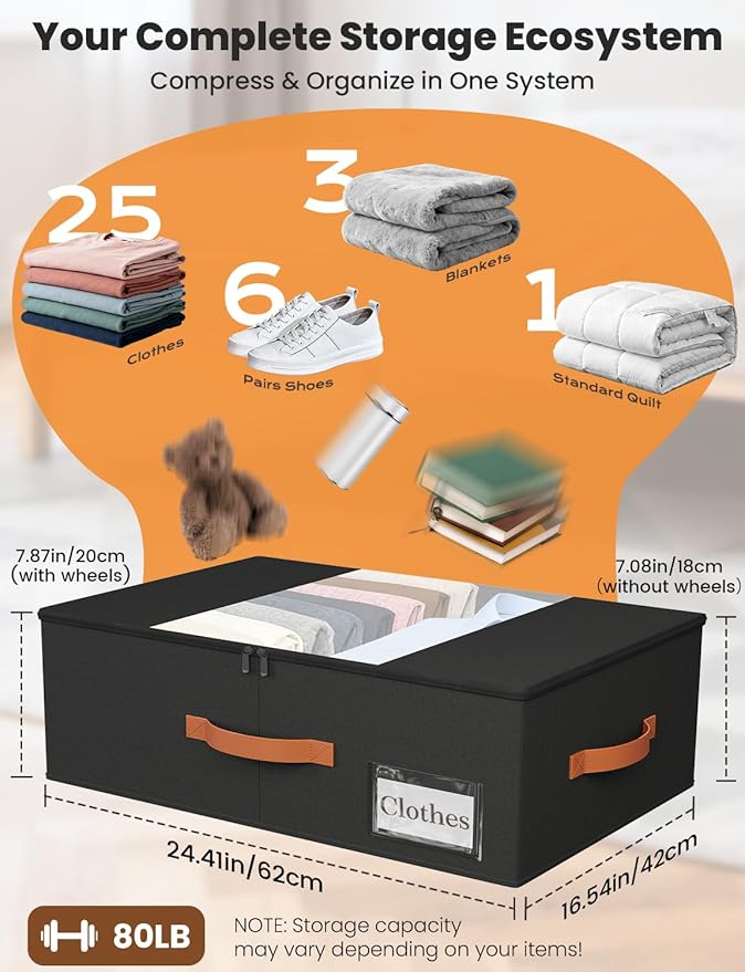 TOSKING 2-Pack Under Bed Storage with Wheels and 4 Vacuum Seal Bags,7.9 Inch 47L Clear Lid Organizer, Space Saving for Bedding Blankets Clothes ShoesToys, Quick Assembly, Black