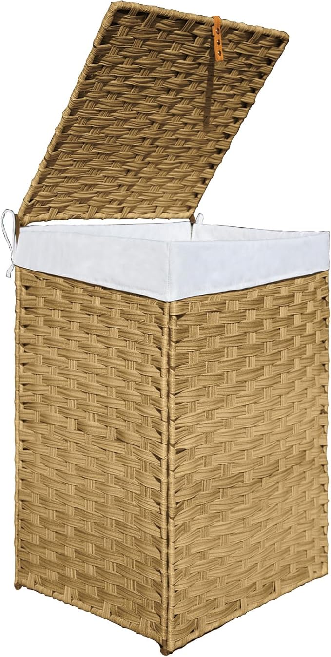 Wicker Laundry Hamper with Lid,24Gal (90 L) Rattan Laundry Basket 2 Sections with Lid, Removable Machine Washable Line, Large Clothes Hamper with Handles for Bathroom Bedroom, Yellow