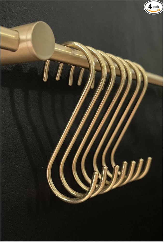 S Hooks, 3.75", Non-Magnetic Solid Brass, Rounded-End Craftsmanship, 4 Pack, Gold - for Kitchen Rack Rail Closet Dorm Hanging Pans Pots Coffee Mugs Jeans Towels Bags Purse