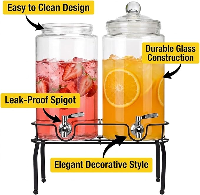 1.5 Gallon Glass Drink Dispenser Set of 2, Drink Dispensers for Parties, Beverage Dispenser with Stand and Glass Lid, 100% Leakproof Spigot, Ideal for Lemonade, Juice, Laundry Detergent