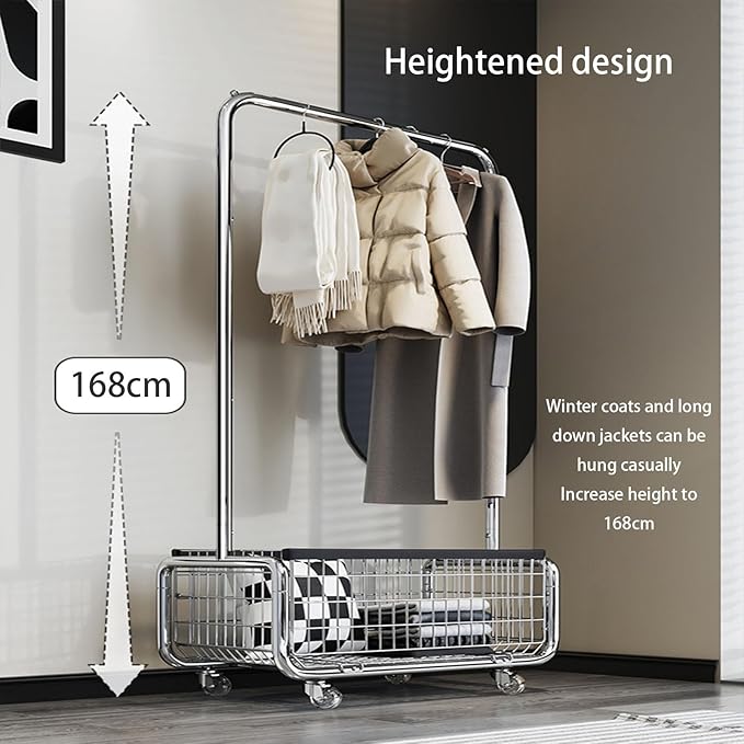Freestanding Clothes Rack,Metal Coat Rack with Movable Storage Basket,360° Rolling Clothes Rack,Mobile Storage Coat Rack for Bedroom (Size : 100cm)