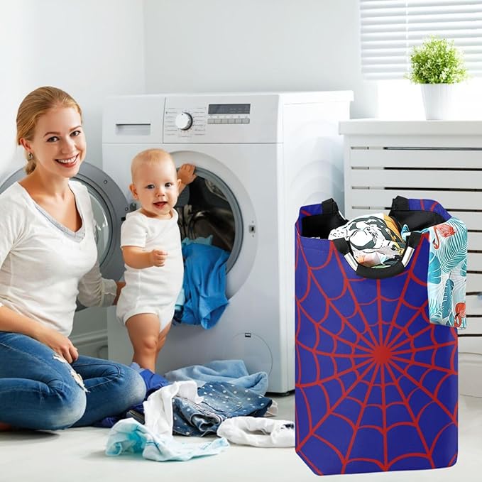 CaTaKu Blue Spider Web Baby Laundry Baskets Collapsible, Large Tall Clothes Hampers for Kids Laundry Room Organizer Foldable Storage Bins with Handles
