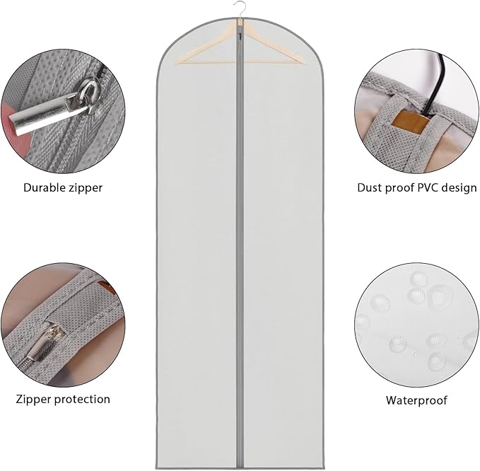 Zilink 65" Dress Bags for Gowns Long Extra Long Garment Bags for Hanging Clothes Dress Cover Bag for Closet Storage Grey, 3 Pack