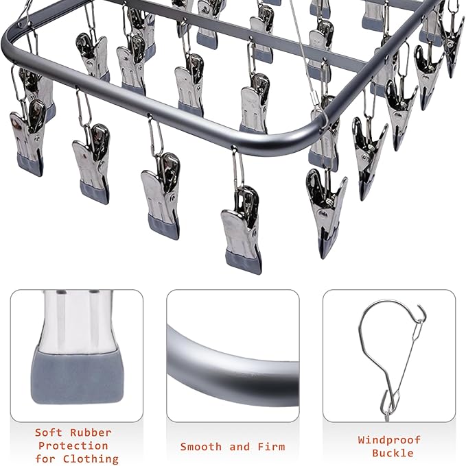 Aluminum Alloy Clothes Drying Hanger with 26 Clips, for Drying Socks, Baby Clothes, Bras, Towel, Underwear, Hat, Scarf,Gloves and Small Items，Matte Grey