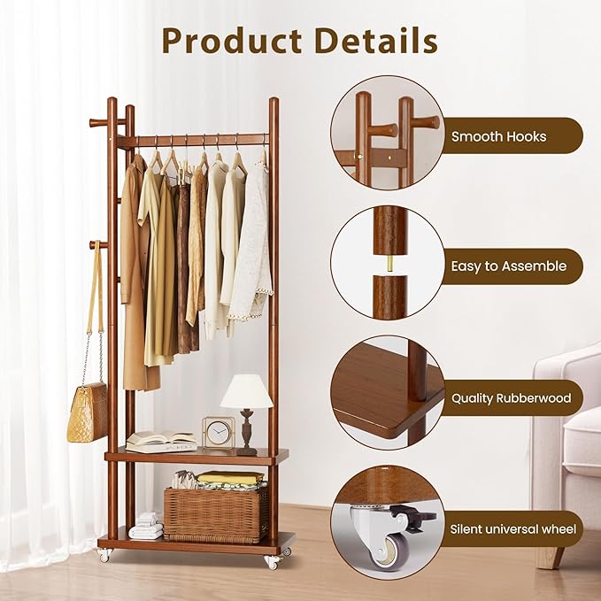 Coat Rack Freestanding Clothing Rack with Wheels, Coat Tree Freestanding Heavy Duty with 2 Storage Shelves and 5 Hooks, Wood Garment Rack for Corner Bedroom Hallway Entryway Living Room Hotel