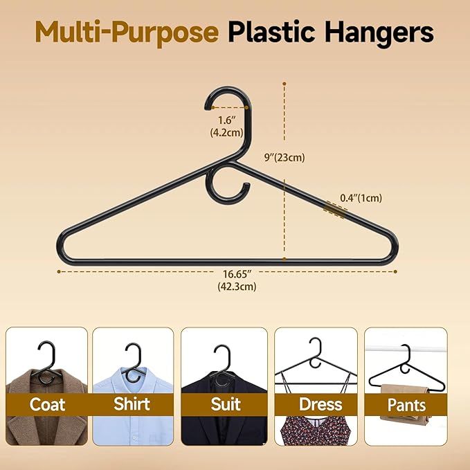 Heavy Duty Plastic Hangers 30 Pack, Black Plastic Hangers for Standard Size Clothes with Hook & Non-Slip Pants Bar for Shirts, Pants, Coat, Dresses, Jackets, Scarves and Belts