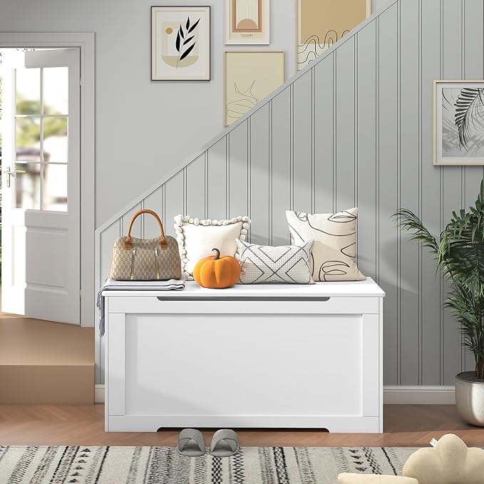 usikey 39.4” Toy Chest, Toy Box for Living Room, Storage Chest with 2 Safety Hinges, Lift Top Storage Bench, Storage Trunk, for Bedroom, Entryway, White