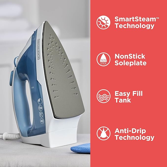BLACK+DECKER Easy Steam Compact Iron for Clothes,Automatic Shutoff,Nonstick Plate,Light Weight,1200 Watts,(Pack of 4)