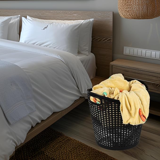 40 L Round Laundry Basket, Plastic Carry Hamper, 6 Packs, Black