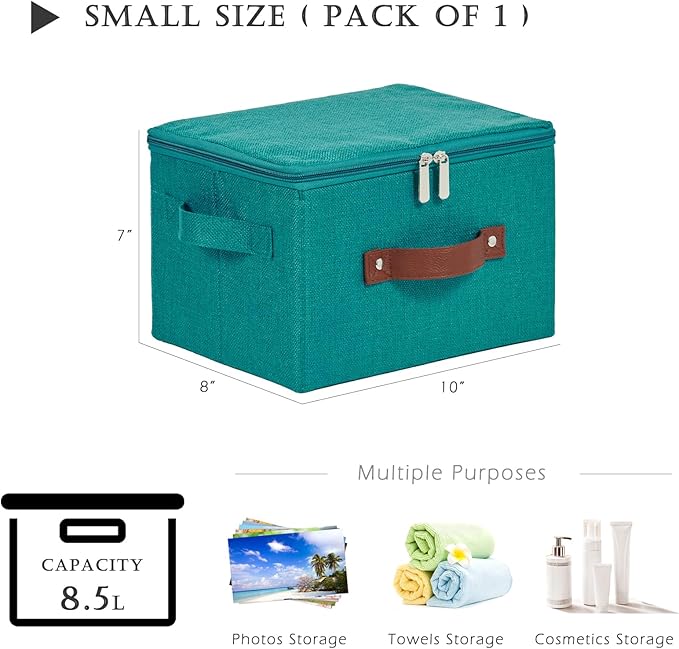 Storage Bins with Zipper Lid Cotton Linen Fabric Lidded Storage Baskets Boxes Foldable Washable Closet Shelf Clothes Organizer Container with PU Leather Handles (Teal Blue, Small)