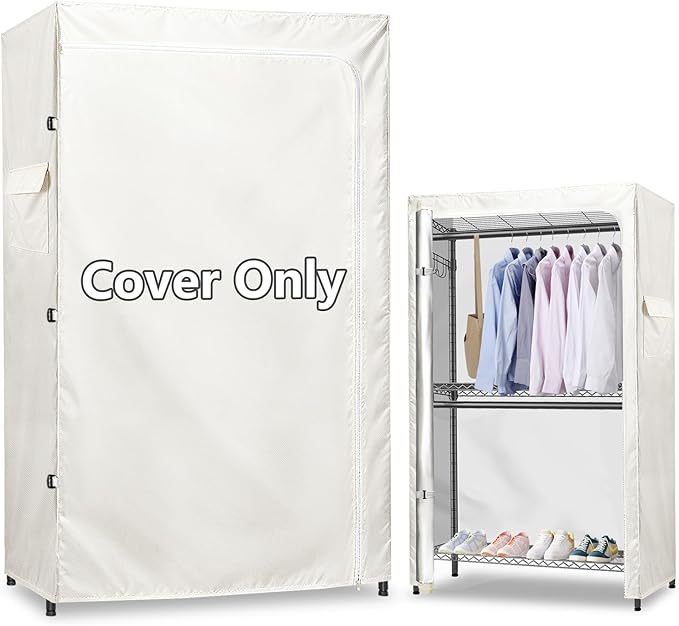 Rileytee Garment Rack Cover,600D Heavy Duty Waterproof Clothing Rack Cover,Clothes Rack Cover with Zipper for Metal Garment Rack(White,47.2"W x 17.7"D x 80.7"H,Cover Only）