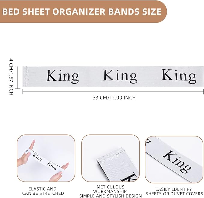4PCS Bed Sheet Organizer Bands, Storage Labels and Sheet Keepers for Linen Closet - Elastic Bedding Straps for Foldable Bedsheet, Pillow Case, Duvet (King)