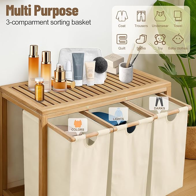 Bamboo Laundry Hamper 3 Section with Lid, 150L Laundry Sorter with Pull-Out Removable Washable Bags, 3 × 12.5 Gal Divided Laundry Baskets for Laundry Room, Bathroom (Beige)