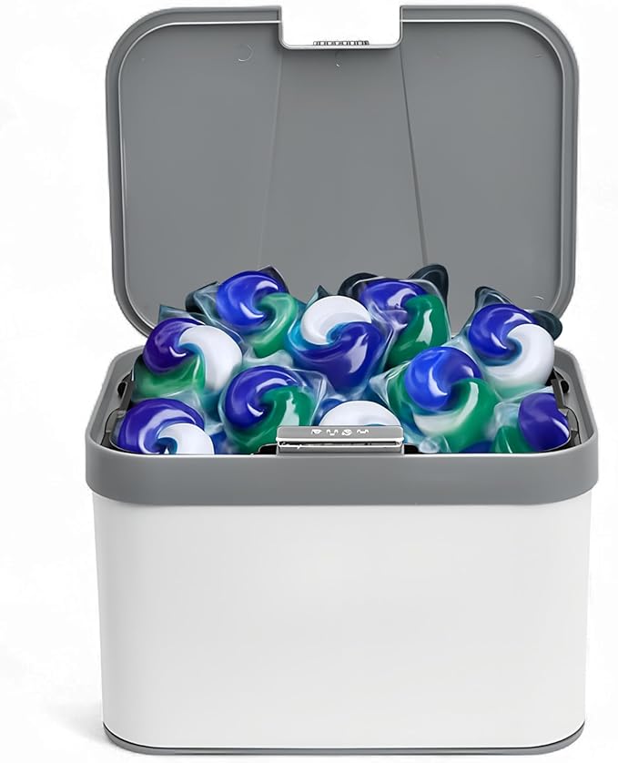 Skywin TidyFriend Laundry Pods Container with Push Up Lid, 10" x 7.4" x 6.7", Airtight Storage Keeps Pods Fresh, Laundry Detergent Container & Dishwasher Pod Holder (Grey)