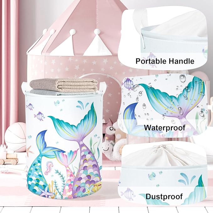 Fantasy Princess Laundry Hamper Colorful Large Storage Basket Collapsible Parents Organizer Kids Toy Clothes Bins for Bedroom, Bathroom, Mermaid, 63L