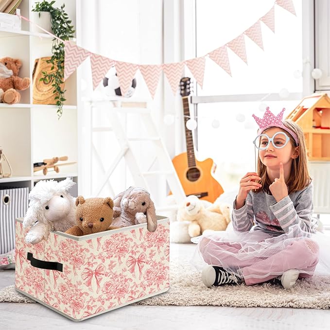 Coquette Pink Bow Peony Floral Storage Bin Box with Handles, Grandmillennial French Country Pink Flower Foldable Organizer Basket Toybox for Girls Dorm Bedroom Bathroom Clothes Toys Books