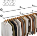 Aduanbang 65.7in Industrial Pipe Wall Mounted Clothes Rack, Heavy Duty Detachable Iron Garment Bar, Rustic Space-Saving Hanging Rod for Bedroom, Closet – Silver Gray,4 hooks