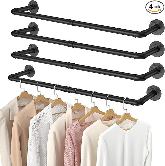 Elibbren 4 Pack Clothing Rack Wall Mount, Industrial Pipe Clothing Rack 38.4IN, Hanging Clothes Rack,Heavy Duty Iron Garment Rack Bar for Closet,Laundry Room, Multi Purpose Hanging Rod,Black
