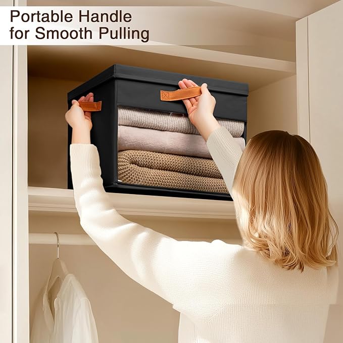 Large Storage Bins with Lids - 4 Pack Foldable Decorative Organizers with Clear Windows & Handles, Cube Storage Organizers for Clothes, Blankets, Sweaters, Sheets, Black
