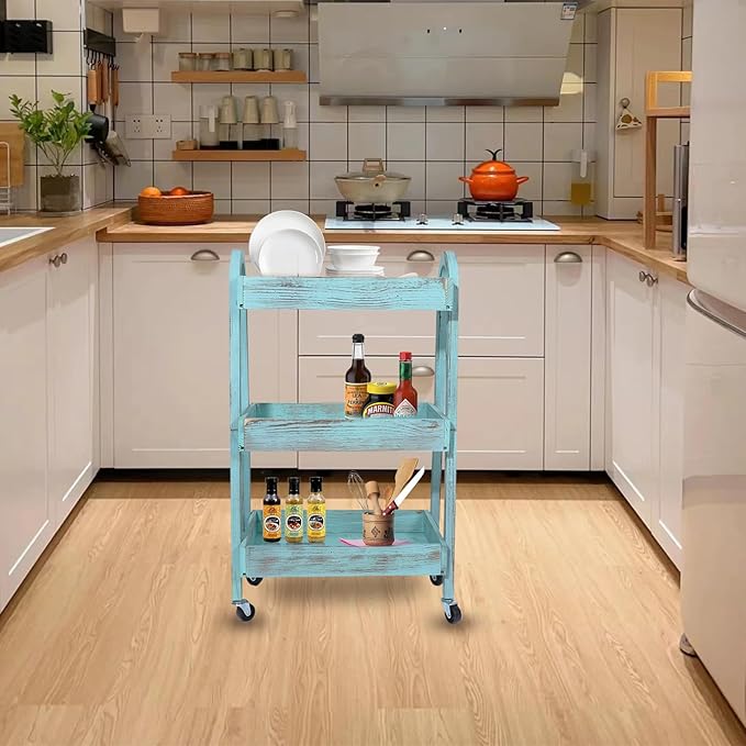 3-Tier Wooden Rolling Cart- Wooden Utility Cart wit Wheels- Utility Rolling Cart-Storage Trolley Organizer- Rolling Kitchen Serving Cart for Office,Kitchen, Kids' Room (Retro Blue)