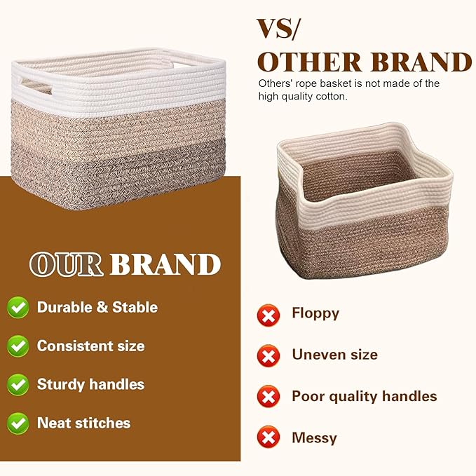 Storage Baskets for Organizing, 4 Pack Baskets for Shelves, Decorative Storage Bins for Shelves, Cotton Rope Storage Basket with Handles, Woven Basket for Storage, 13''Lx8.7''Wx7.9''H, Gradient Brown