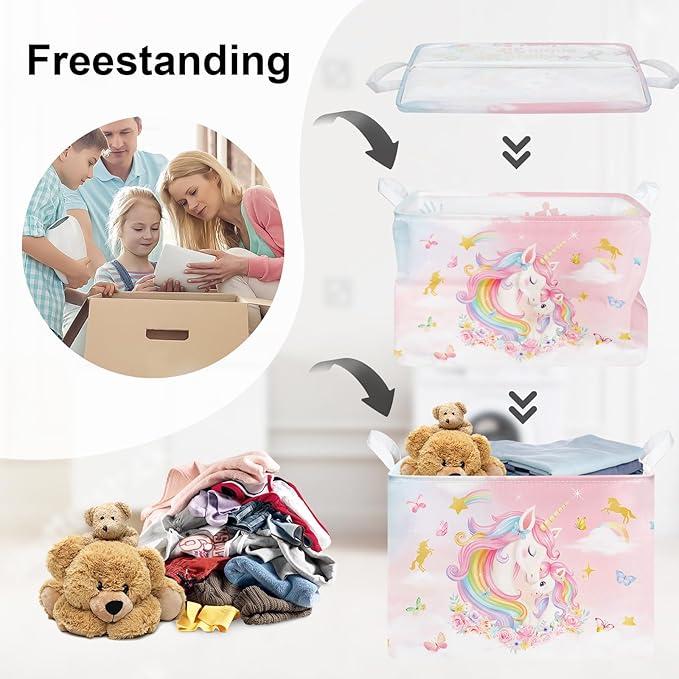 Unicorn Laundry Hamper Large Storage Basket Rainbow Clouds Collapsible Parents Organizer Kids Toy Clothes Bins for Bedroom, Bathroom, Flowers, 36L