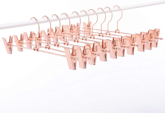 13 Inch Heavy Duty Rose Gold Copper Metal Slack Hanger, Pants & Skirt Hanger with Adjustable Clips - Pack of 10pcs (Rose Gold, 10)