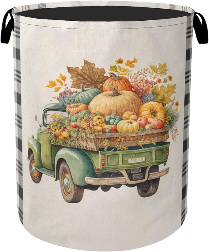 Fall Pumpkin Truck Large Clothes Hamper Bag - Laundry Basket with Handles, Space Saving Foldable Design for Nursery