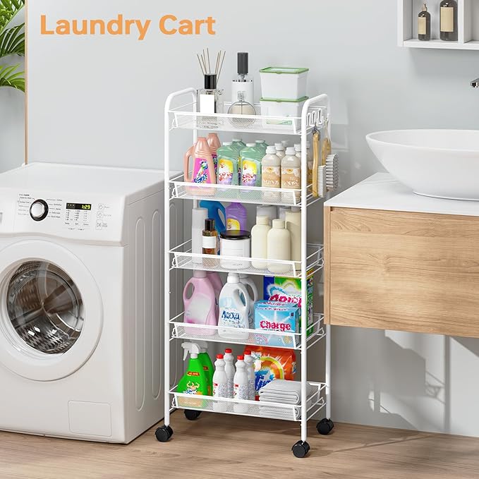 TOOLF 5-Tier Rolling Cart, Metal Utility Cart with 3 Hooks, Easy Assemble Mobile Storage Trolley On Wheels, Metal Shelving Units Kitchen Bathroom Laundry Room
