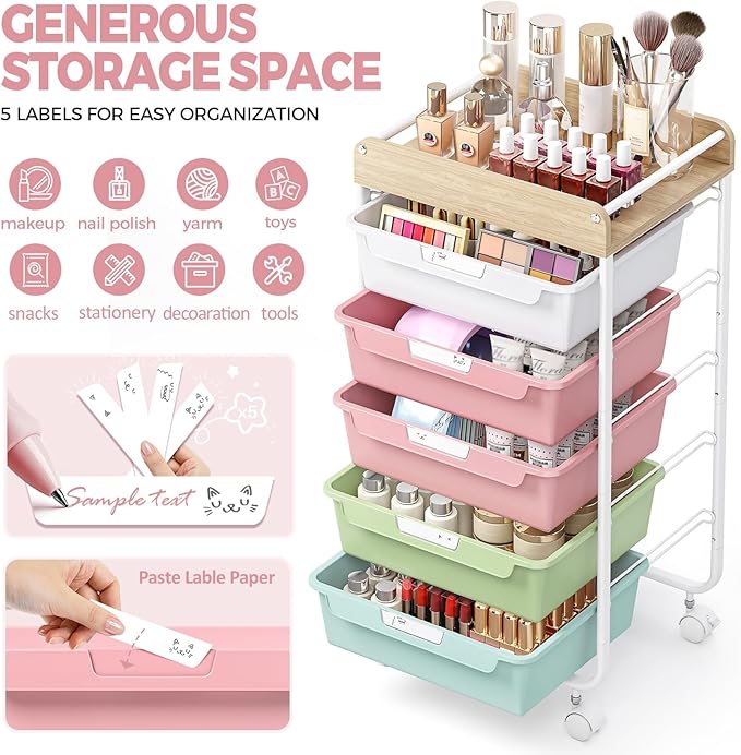 APEXCHASER Plastic Drawer Organizers with 5 Deep Drawers, Rolling Utility Cart with Wooden Top,Craft Storage Cart for Paperwork,Crafts,Snack,Kids’ Room,Nursery,Colorful