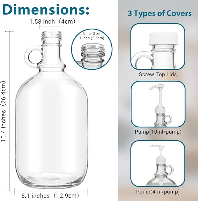 3 Pack Laundry Detergent Dispenser with Pump and Lid, 64 Oz Glass Bottles for Laundry Room Organization and Storage, Fabric Softener Dispenser for Washer
