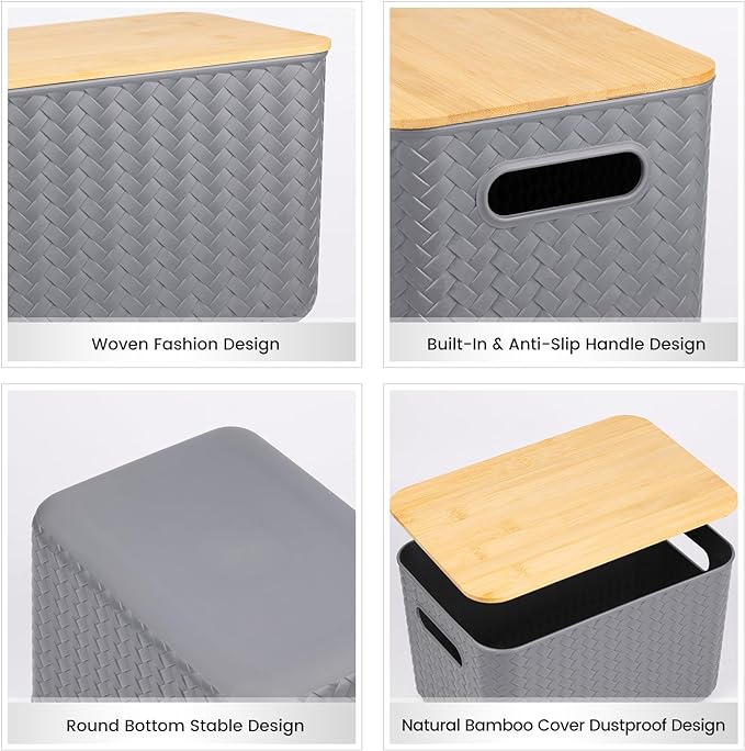 4 Packs Storage Bins with Bamboo Lids - Plastic Storage Containers with Lids Stackable Storage Box：Storage Baskets for Organizing Desktop Closet Playroom Classroom Office,Gray