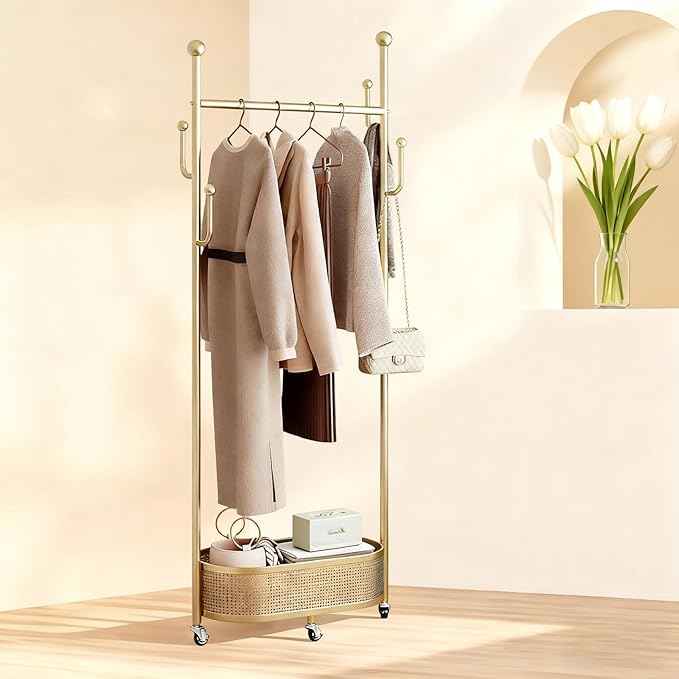 Coat Rack Freestanding Clothing Rack with Wheels & 1 Storage & 4 Hooks Heavy Duty Clothes Rack for Corner Bedroom Entryway Living Room Hotel (Gold)