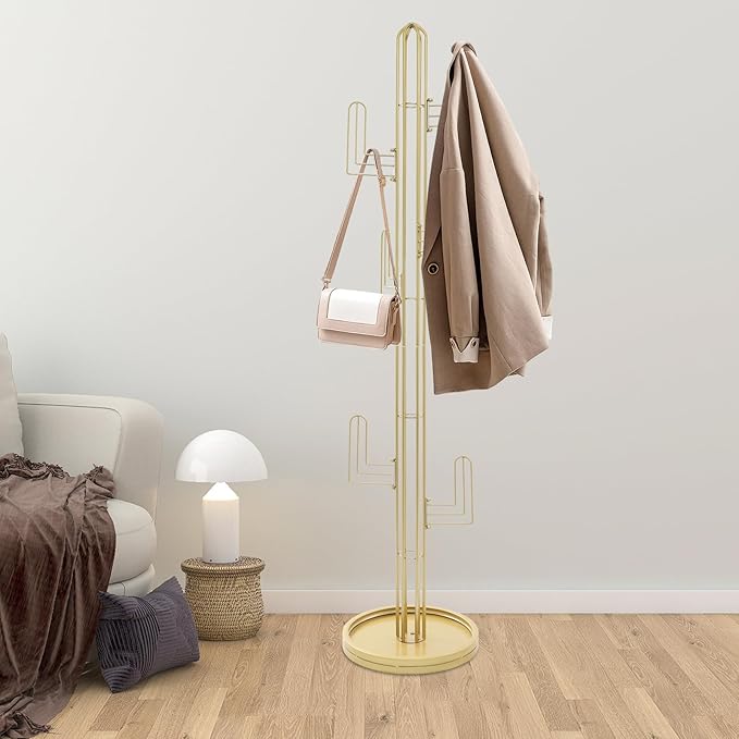 Cactus Coat Rack, Freestanding Coat Rack With 6 Hooks, Modern Metal Coat Racks with Round Base, Gold Cactus Shape Clothing Stand for Bedroom, Office (Gold)