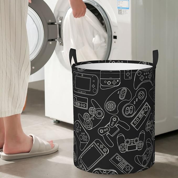 Video Game Controller Background Round Laundry Hamper Gaming Gadget Storage Basket Toys Clothes Organizer Bin For Home Bathroom Bedroom Dorm Nursery, 62l