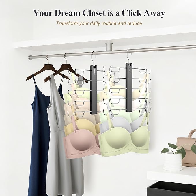 HOUSE DAY Tank Top Hanger, Dual-Row 5 Tier Space Saving Bra Hanger, Premium Lotus Wood Non-Slip Hangers with 360° Swivel Hooks, Closet Organizer for Sports Bras & Tank Tops, Cami (Black 1 Pack)