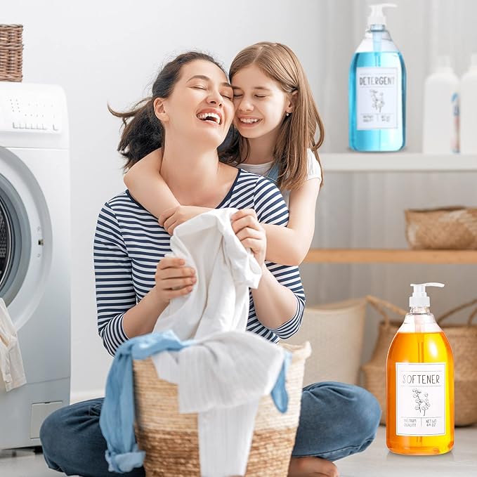 Nuenen Laundry Detergent Dispenser for Fabric Plastic Pump Laundry Soap Detergent Dispenser with Lids and 36 Labels for Farmhouse Decor, White 64oz Set of 4(White)