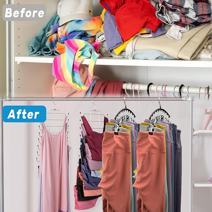 2 Pack Vest Hanger and 2 Pack Leggings Organizer Save Space, Sports Bra Metal Yoga Pants Hanger, Hanging Closet Organizer with 20 Clips and Storage for Hats Vests Shorts