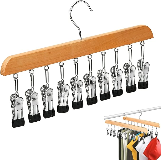 Closet Organizer with 10 Clips - Space Saving Hanging Closet Organizer, Legging Organizer for Closet Hanging, Pants Scarf Hangers with Clips (Wood)