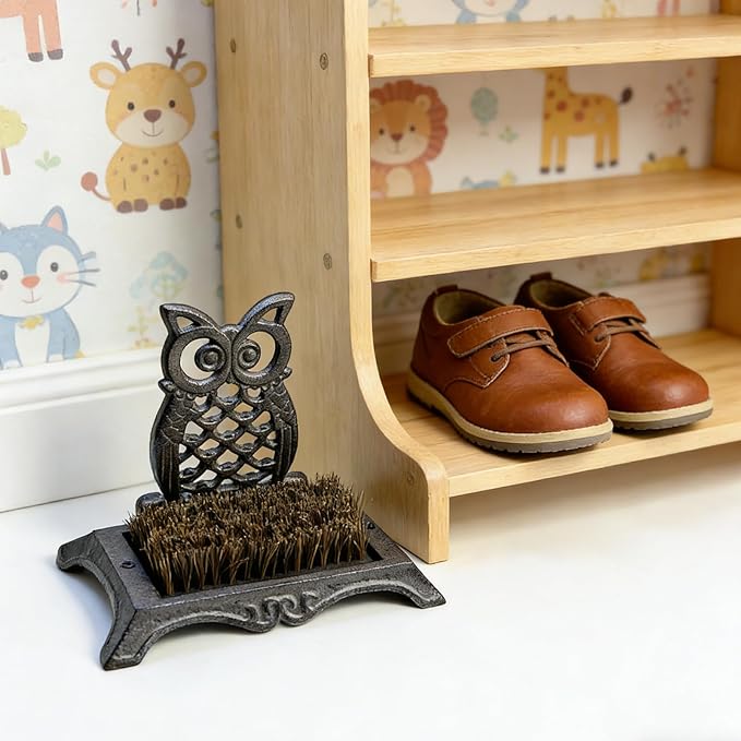 Cast Iron Shoe Brush Owl Shape 7.5 Inch Height Decorative Rust Brown Shoe Scraper and Cleaner for Entryway, Home, Patio HC8298