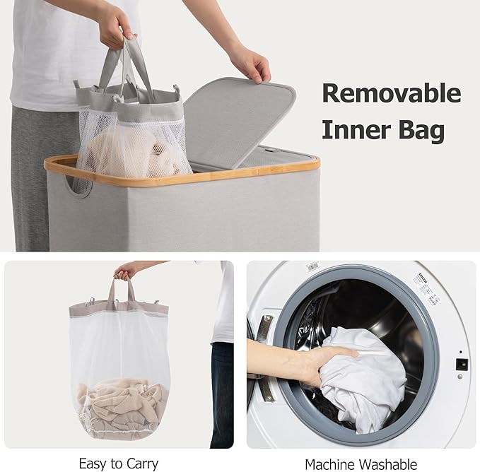 HBlife 145L Extra Large Double Laundry Hamper with Lid and Removable Inner Bag, 2 Section Collapsible Dirty Clothes Basket Organizer for Bathroom, Bedroom and Laundry Room, Light Grey