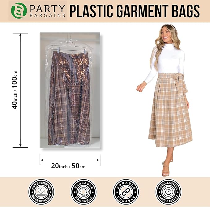 PARTY BARGAINS 40 x 20 Inch Disposable Clear Garment Bags, 50 Pack – Heavy-Duty Plastic Clothes Covers for Suits Dresses Coats, Closet & Travel
