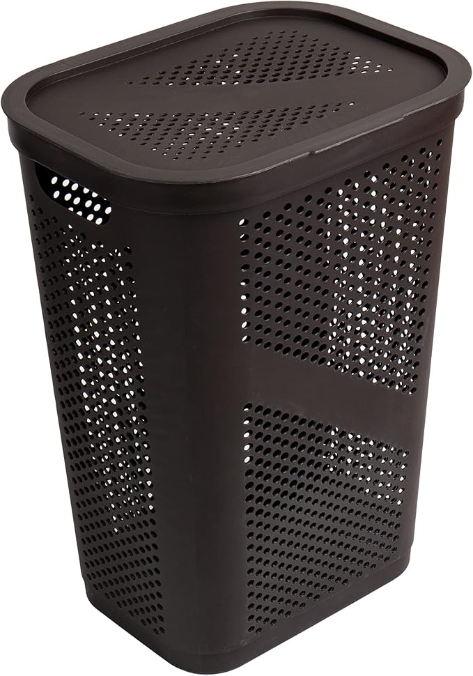 Mind Reader 60L Slim Laundry Hamper, Clothes Basket, Lid, Ventilated, Plastic, 17.25"L x 13.75"W x 23.5"H, Set of 2, Brown