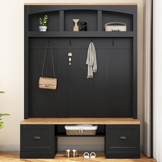 Farmhouse 4-in-1 Hall Tree with 4 Hooks and Top Open Storage Shelves, Wood Entryway Coat Hanger with Storage Bench and Wood Grain Top, Versatile Coat Rack for Entrance Hallway (Black-9.11)