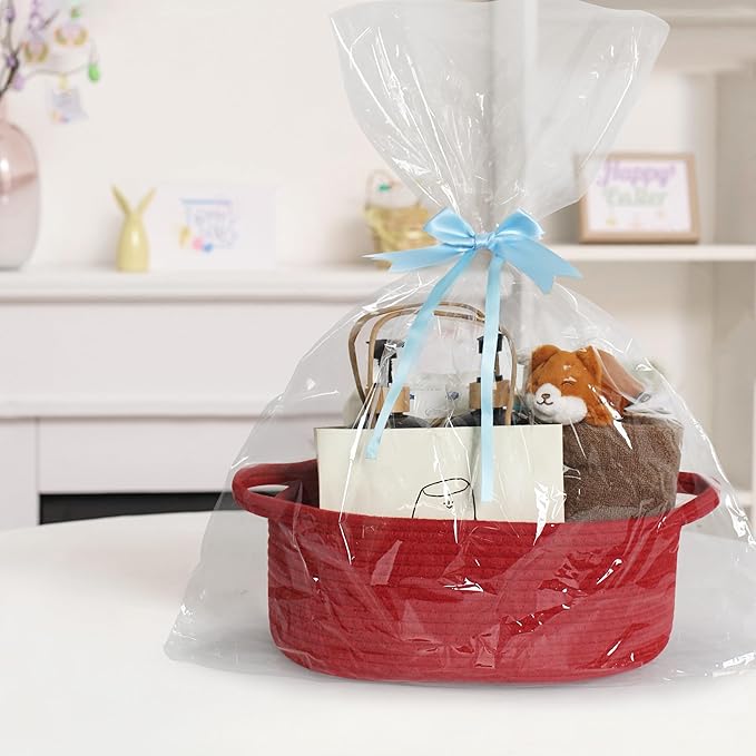 Red Woven Basket, 13" x 9" x 5" Baskets for Gifts Empty, Cute Cotton Rope Cat Dog Toy Bin Box, Small Woven Bin for Organizing, Red Room Decor, Nursery Cloth Diaper Storage Organizer