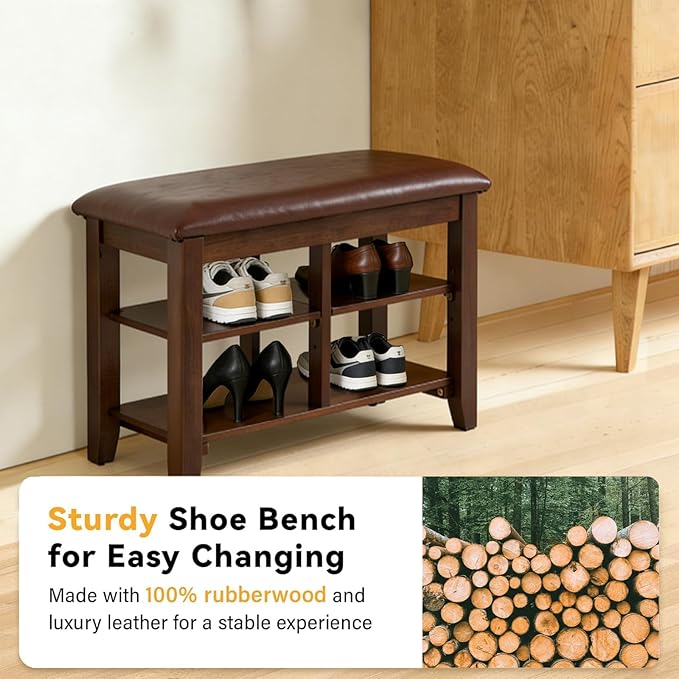 PY HOME & SPORTS Shoe Rack for Entryway 23.6": 2-Tier Shoe Storage Bench, Adjustable/Removable Shelves, Rubberwood Shoe Benches for Hallway, Porch, Bathroom, Brown